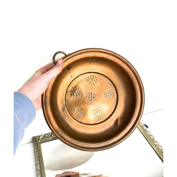 Antique Copper Sieve Strainer Wall Hanging, Vintage, Solid with Brass Hanger - Picture 2 of 9
